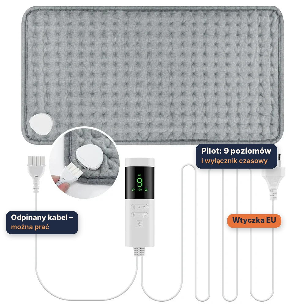 Poduszka elektryczna na plecy i kark 30×60 cm – 9 poziomów ciepła, timer